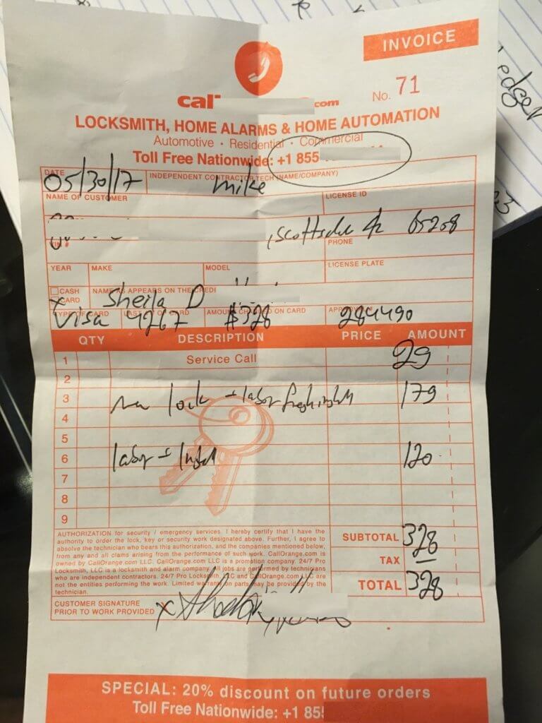 Locksmith fraud receipt